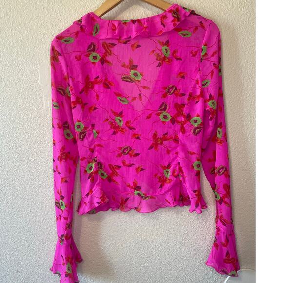 ECOTE Urban Outfitters Pink Floral Flutter Long Sleeve Ruffle Blouse Small Y2K - Picture 2 of 12